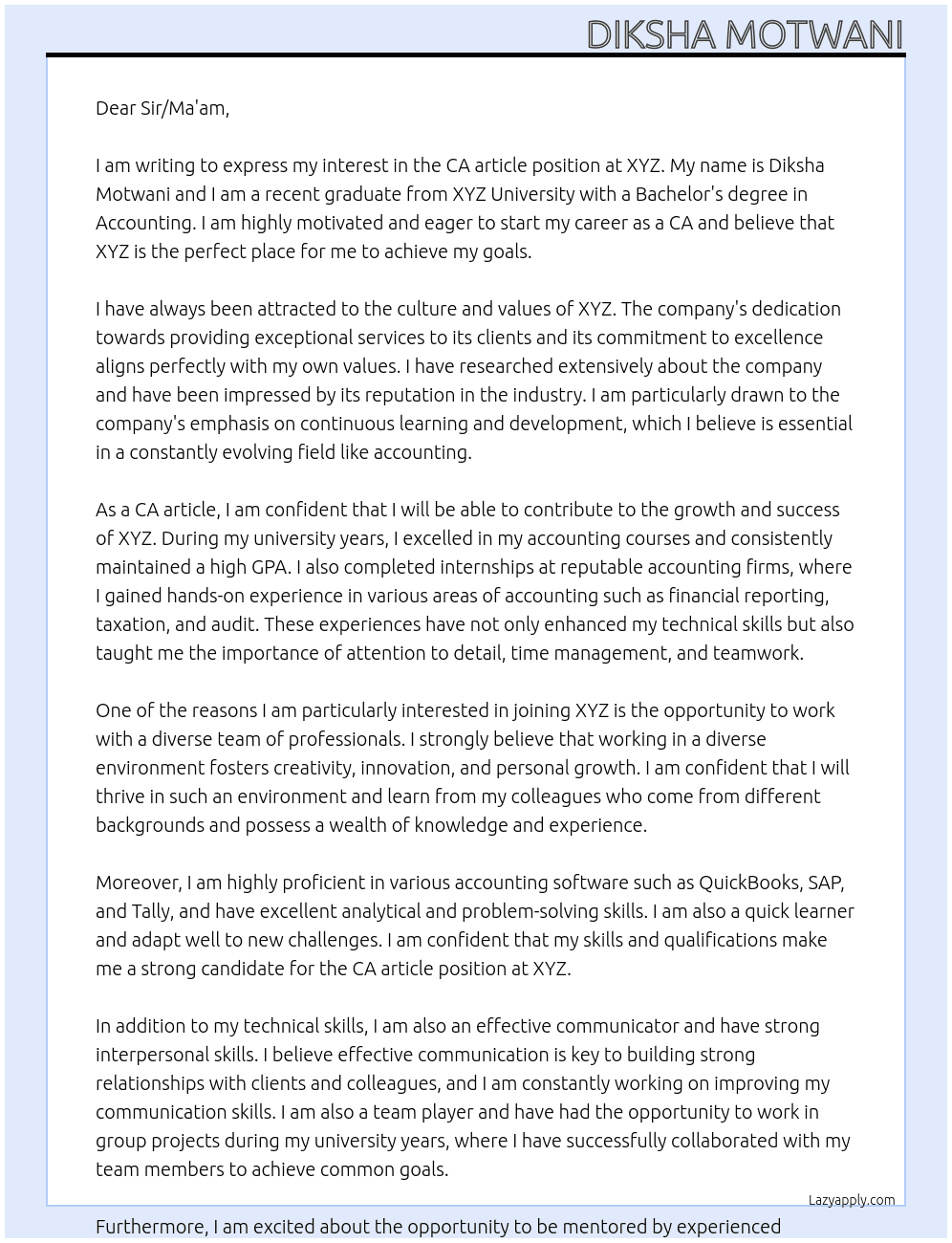 CA article  At XYZ Cover Letter