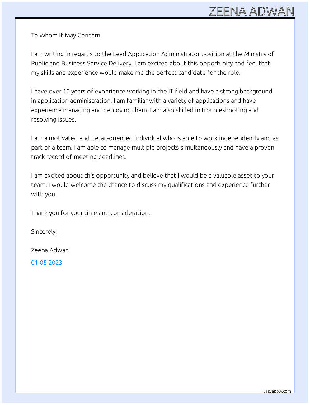 Cover letter for lead application administrator - LazyApply