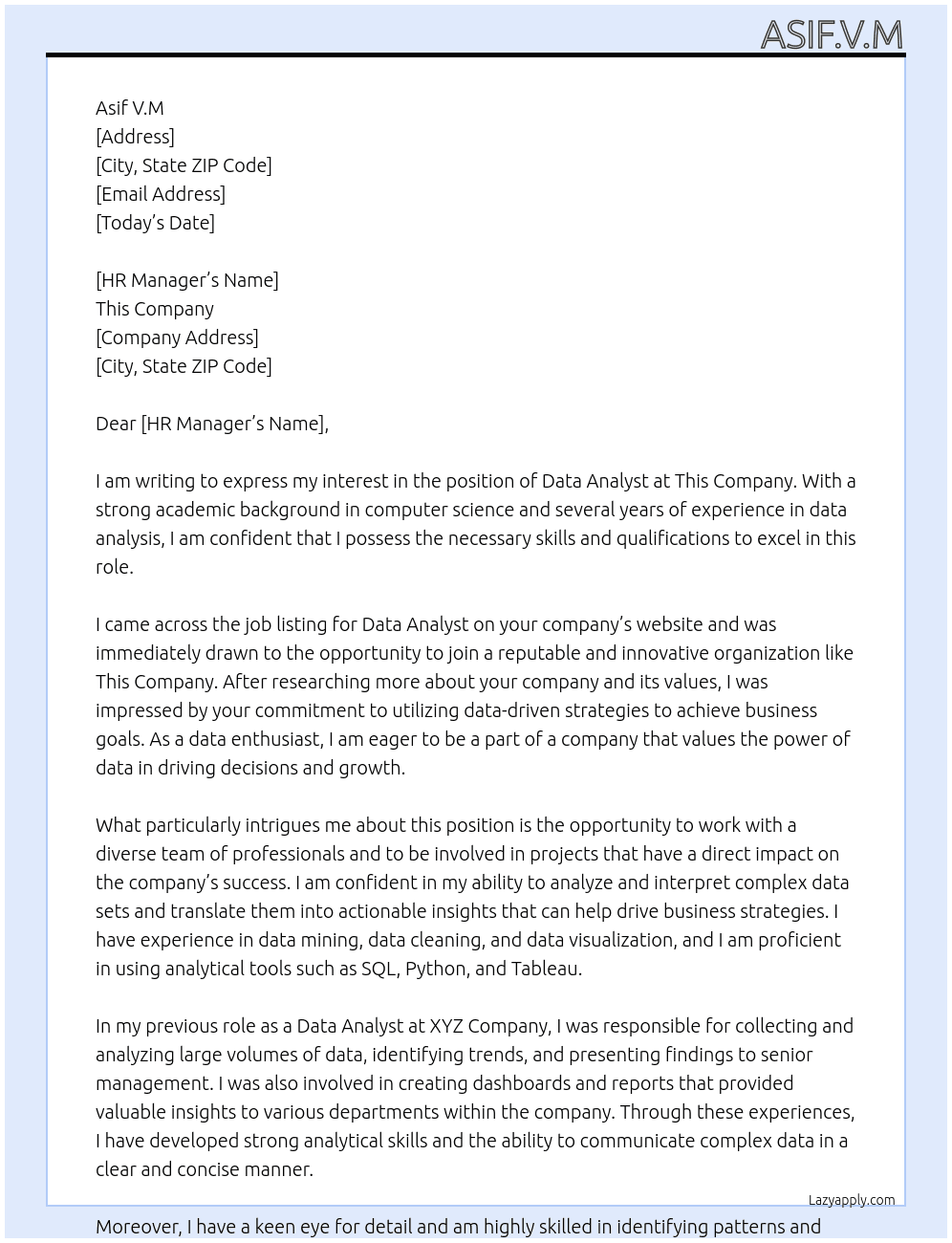 Data analyst  At This company Cover Letter