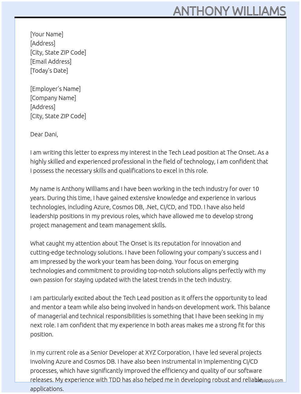 Tech Lead At The Onset Cover Letter