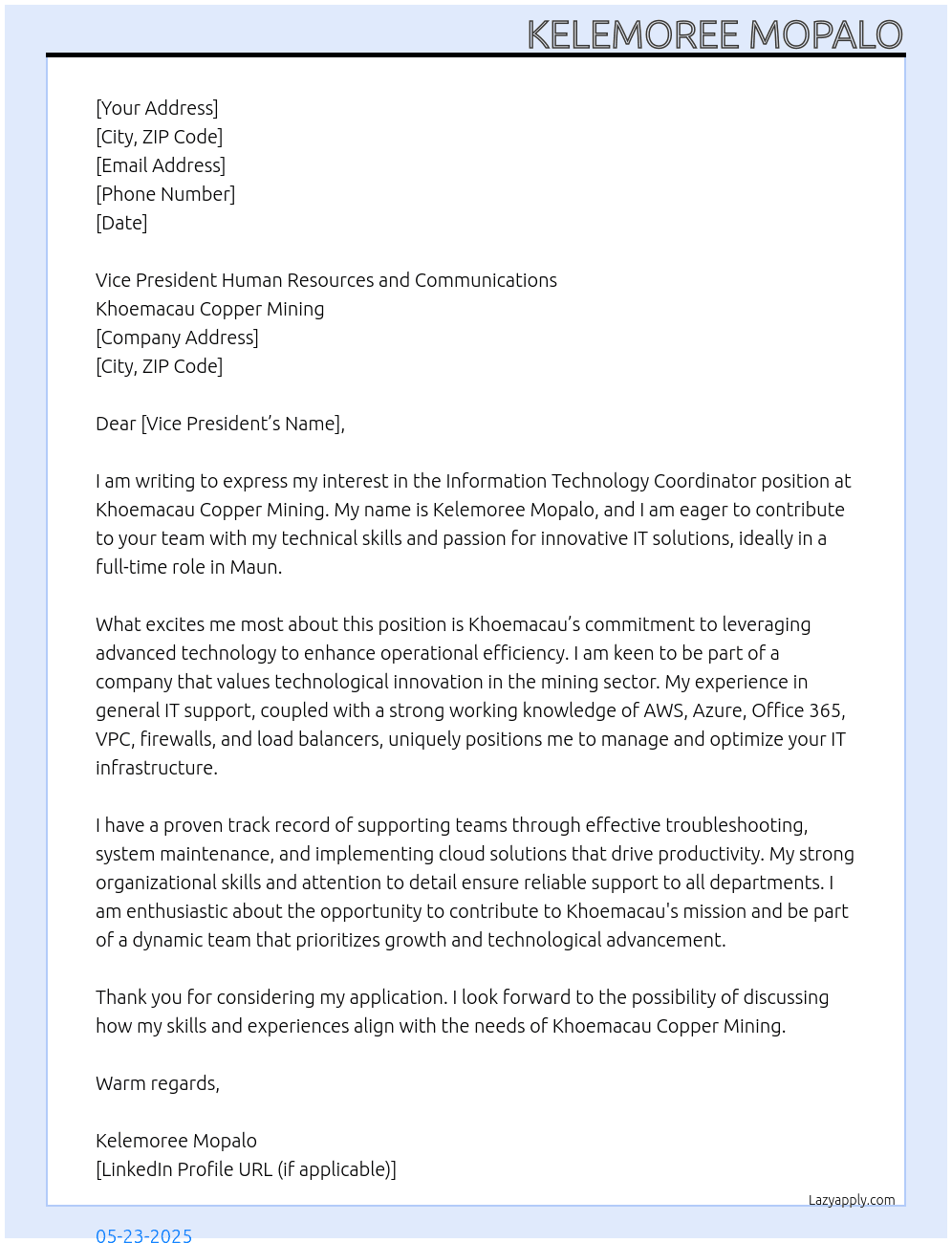 Cover letter for information technology coordinator - LazyApply