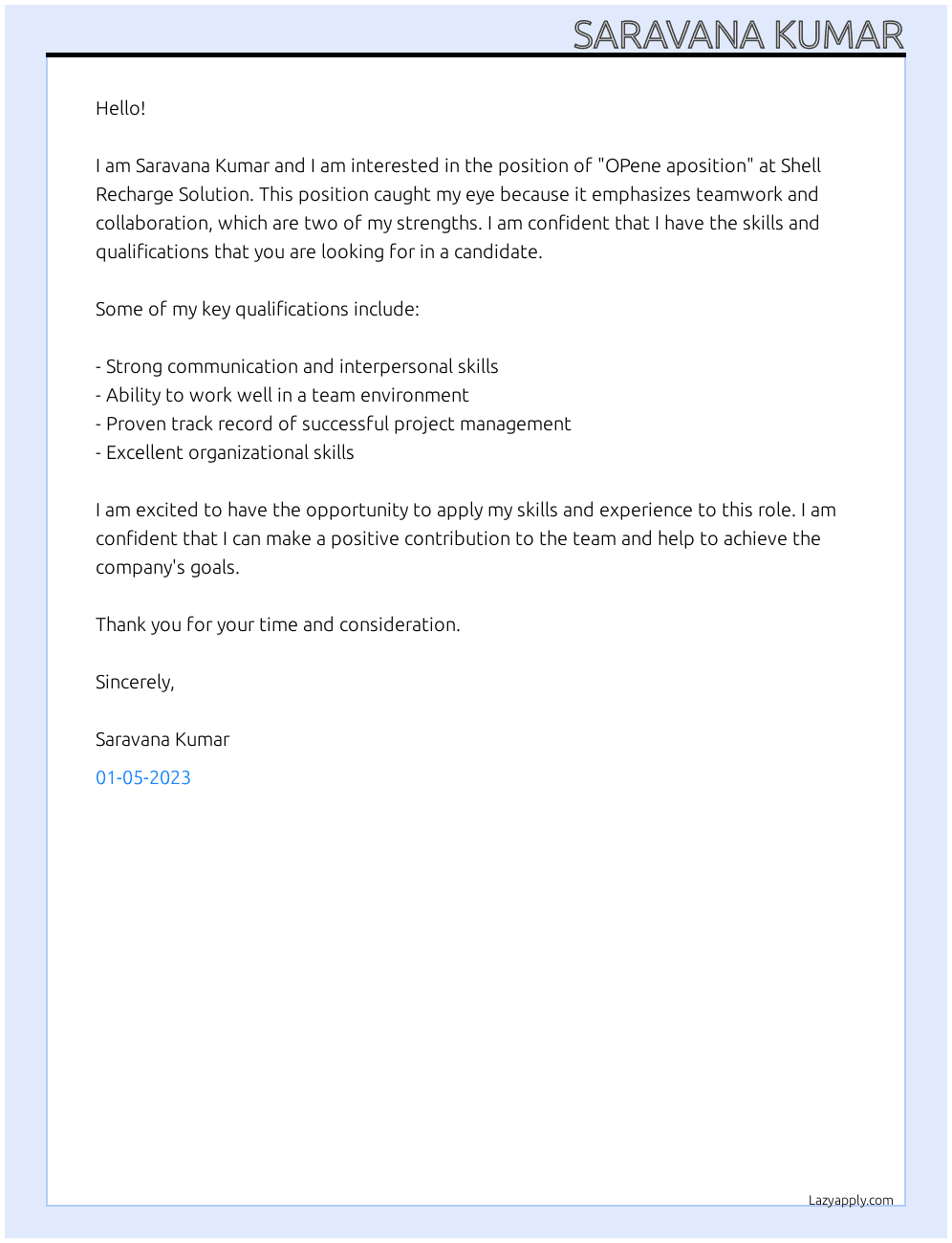 OPene aposition At Shell Recharge Solution Cover Letter