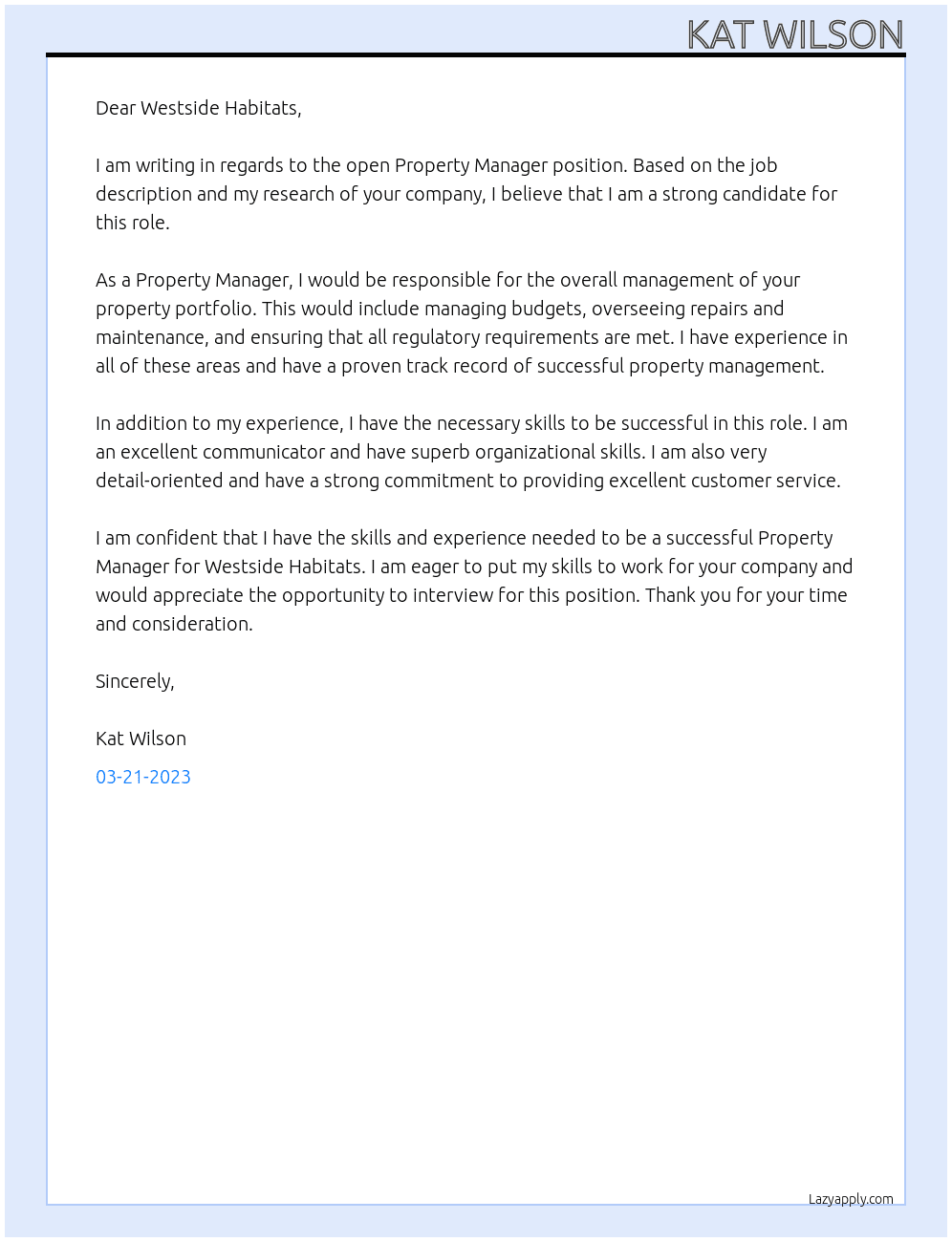 Property Manger At Westside Habitats Cover Letter