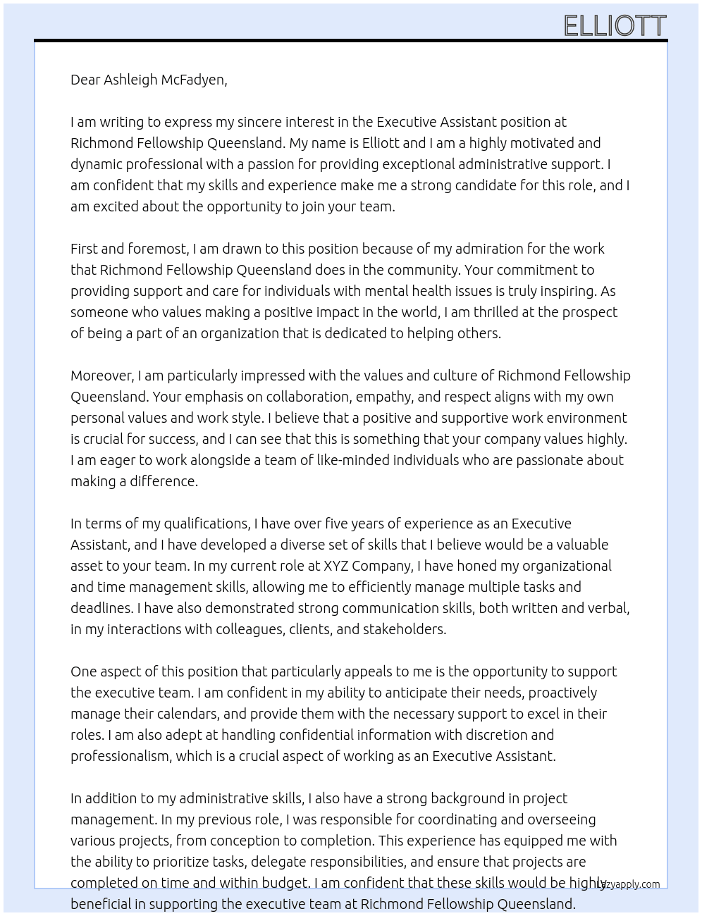 Executive Assistant At Richmond Fellowship Queensland Cover Letter