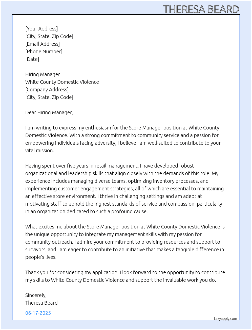 store manager At White county domestic violence Cover Letter