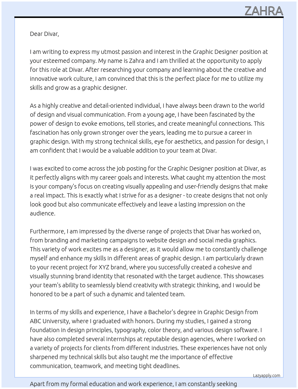 Graphic Designer At Divar Cover Letter