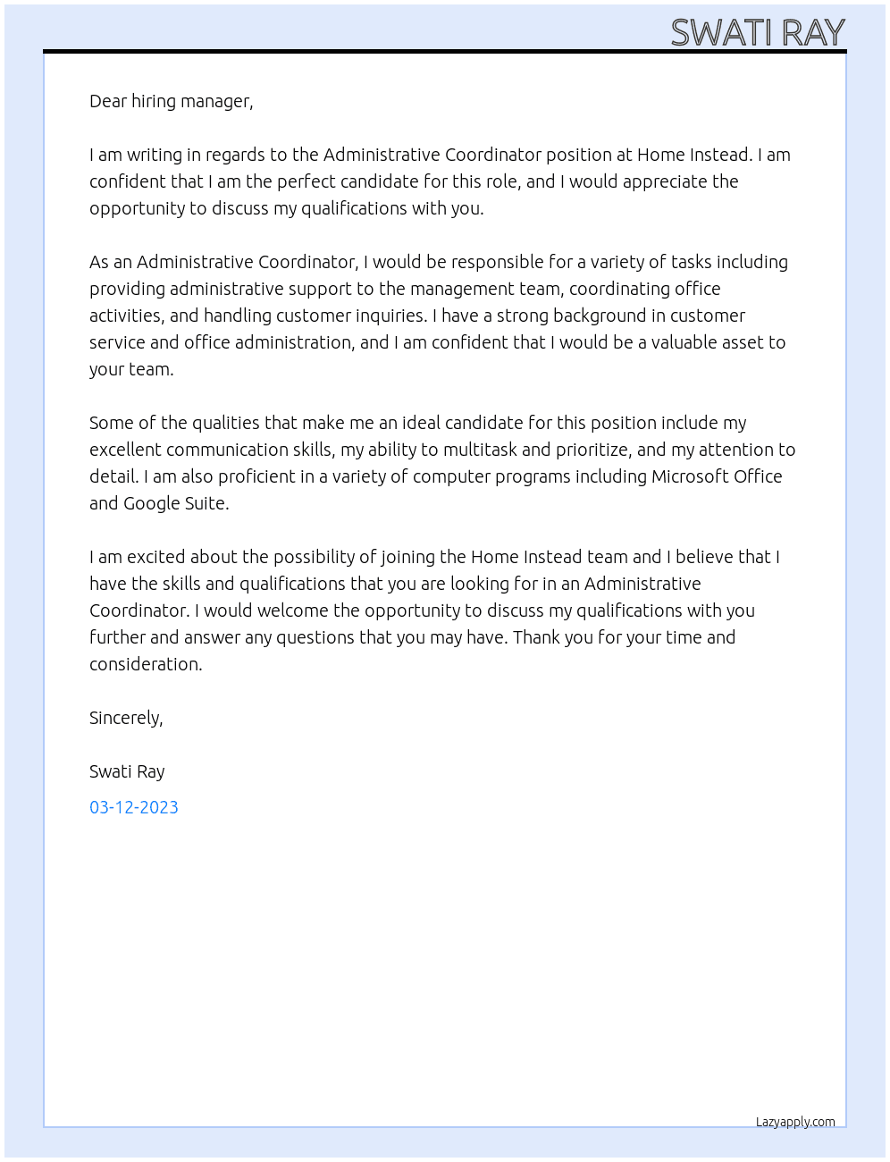 Administrative Coordinator At Home Instead Cover Letter