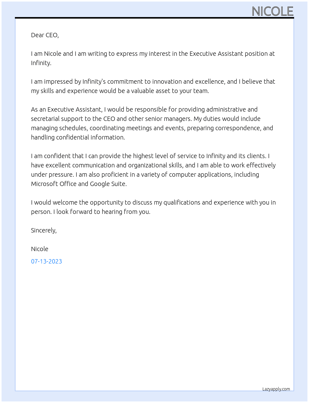 Executive Assistant At Infinity Cover Letter