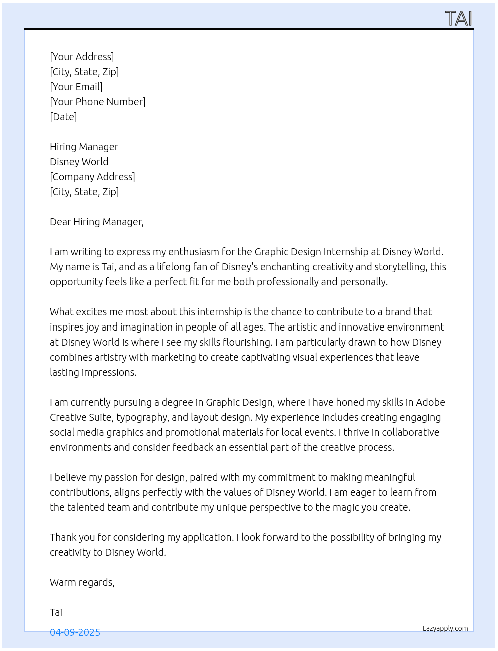 Cover letter for graphic design internship - LazyApply