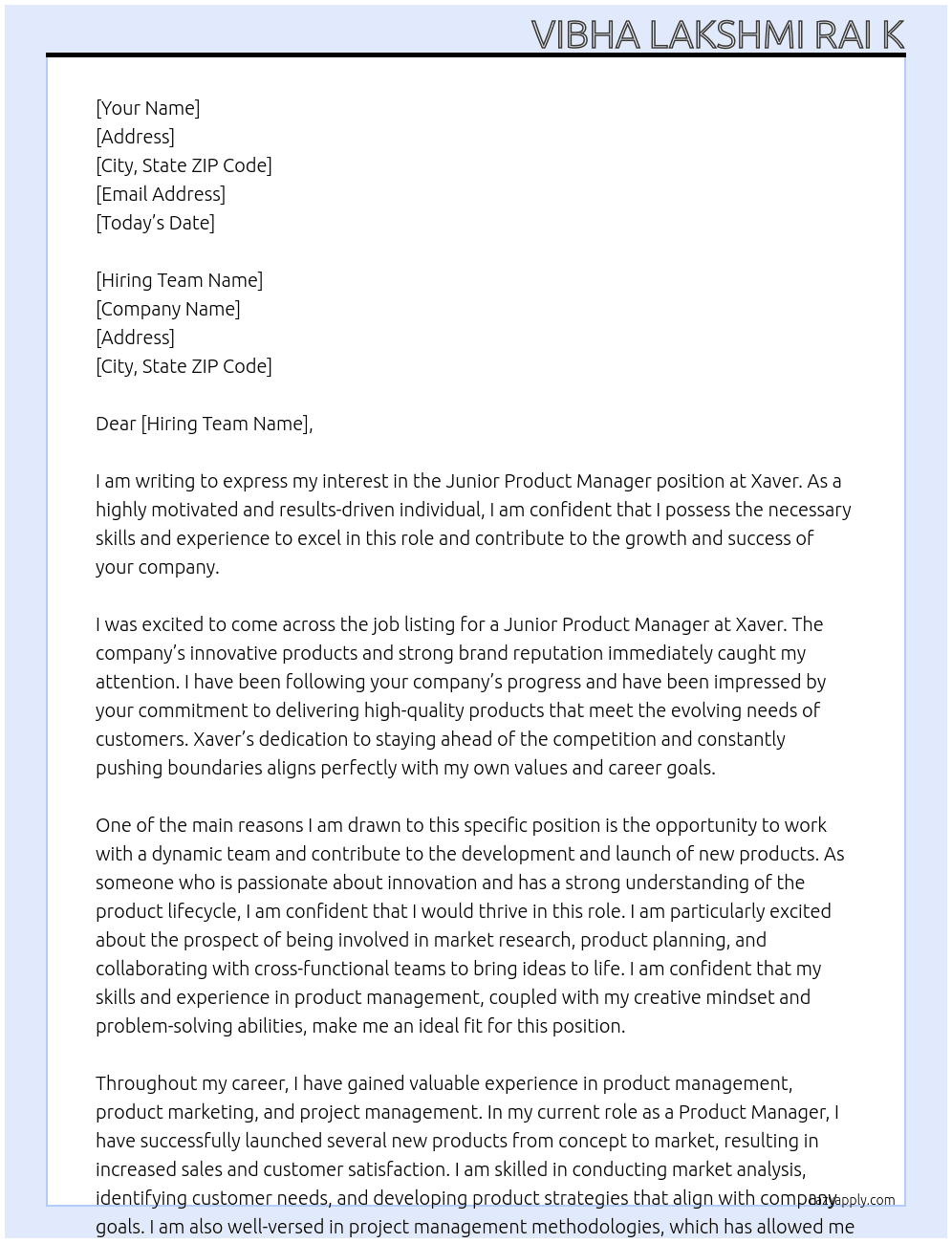 Junior Product Manager At xaver Cover Letter
