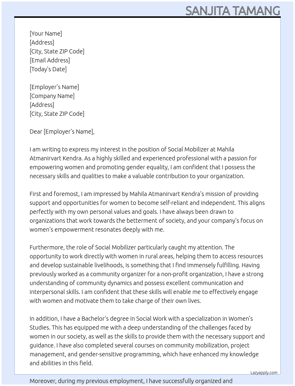 social mobilizer At Mahila Atmanirvart Kendra Cover Letter