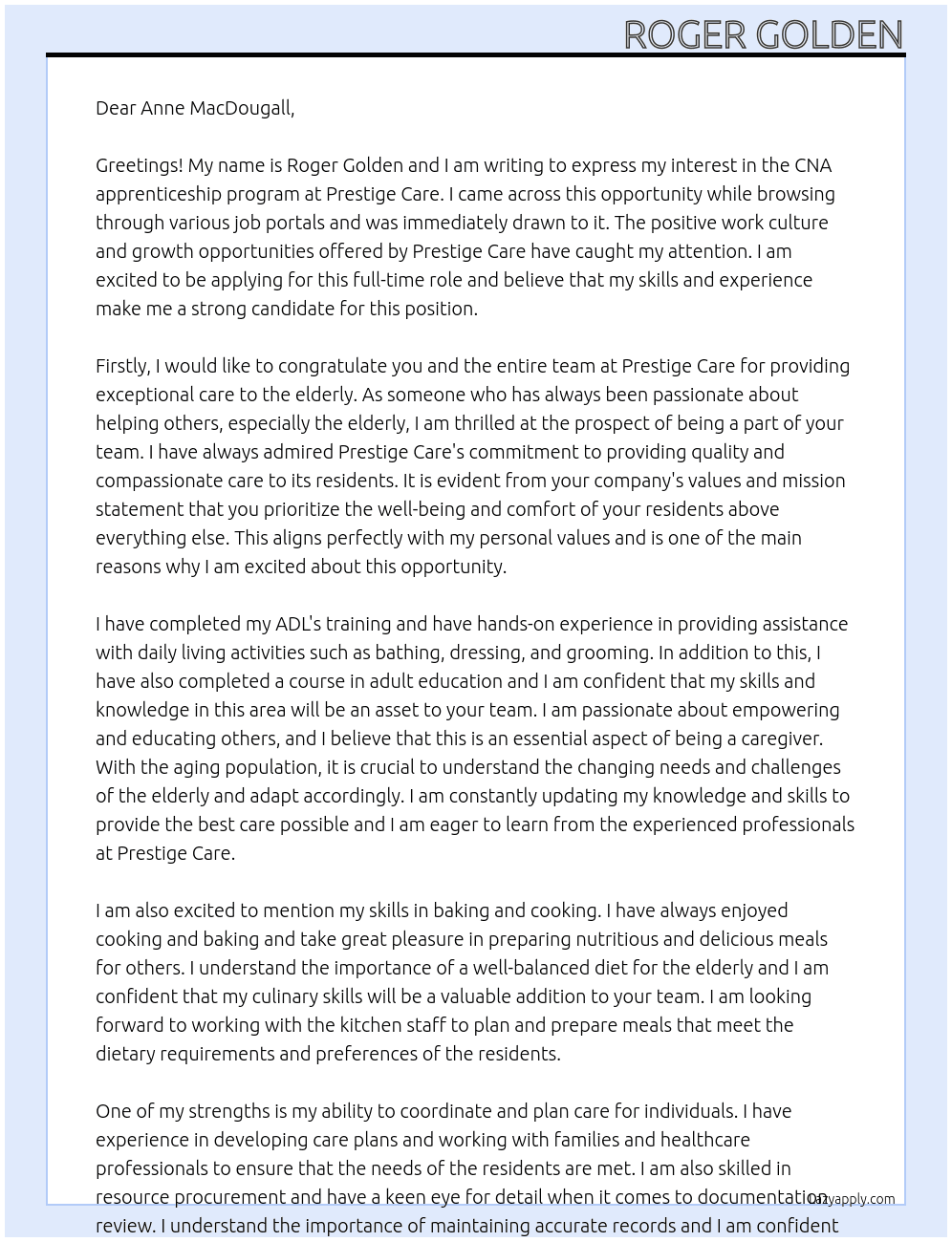 CNA apprenticeship program  At Prestige Care Cover Letter