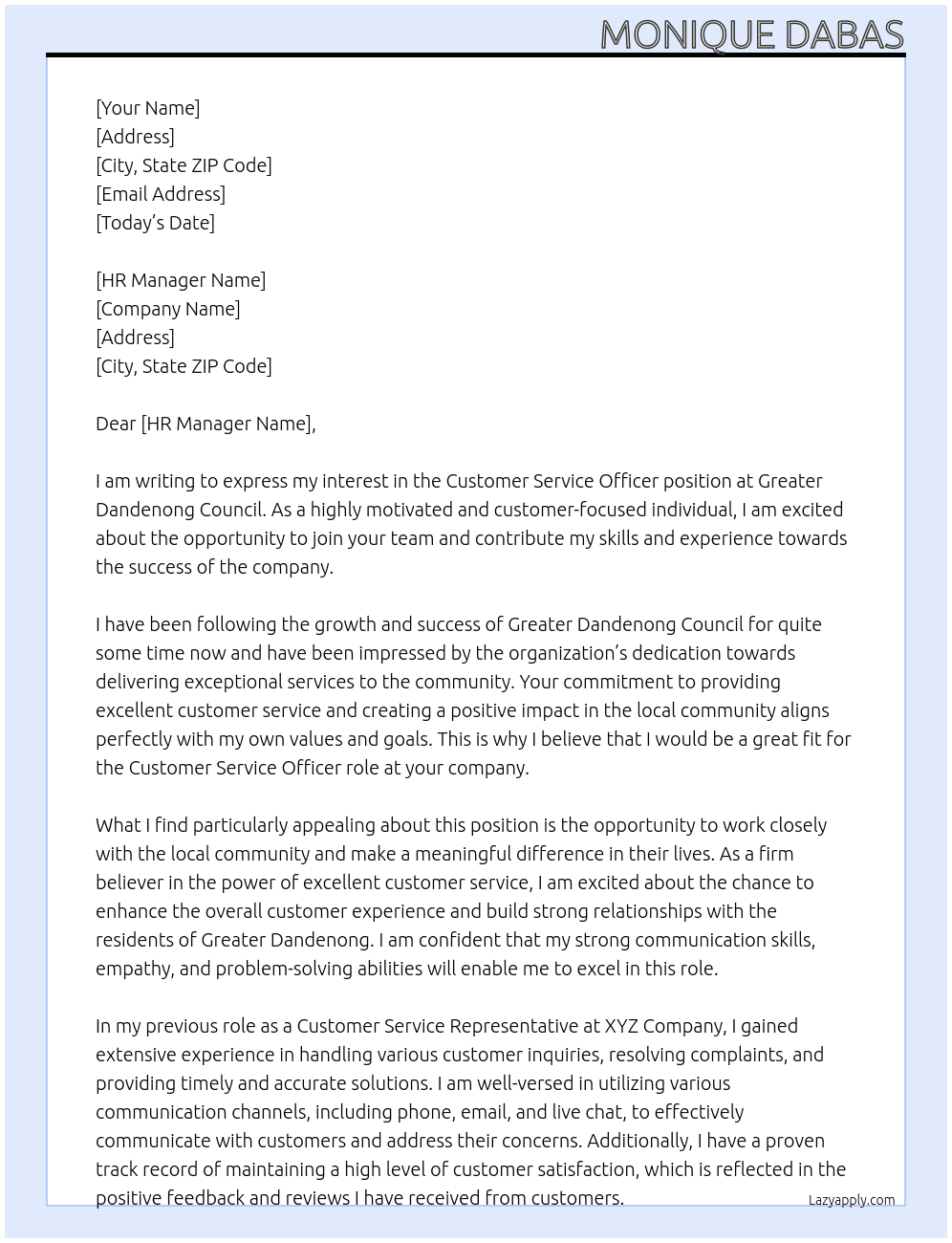 Customer Service Officer At Greater Dandenong Council  Cover Letter