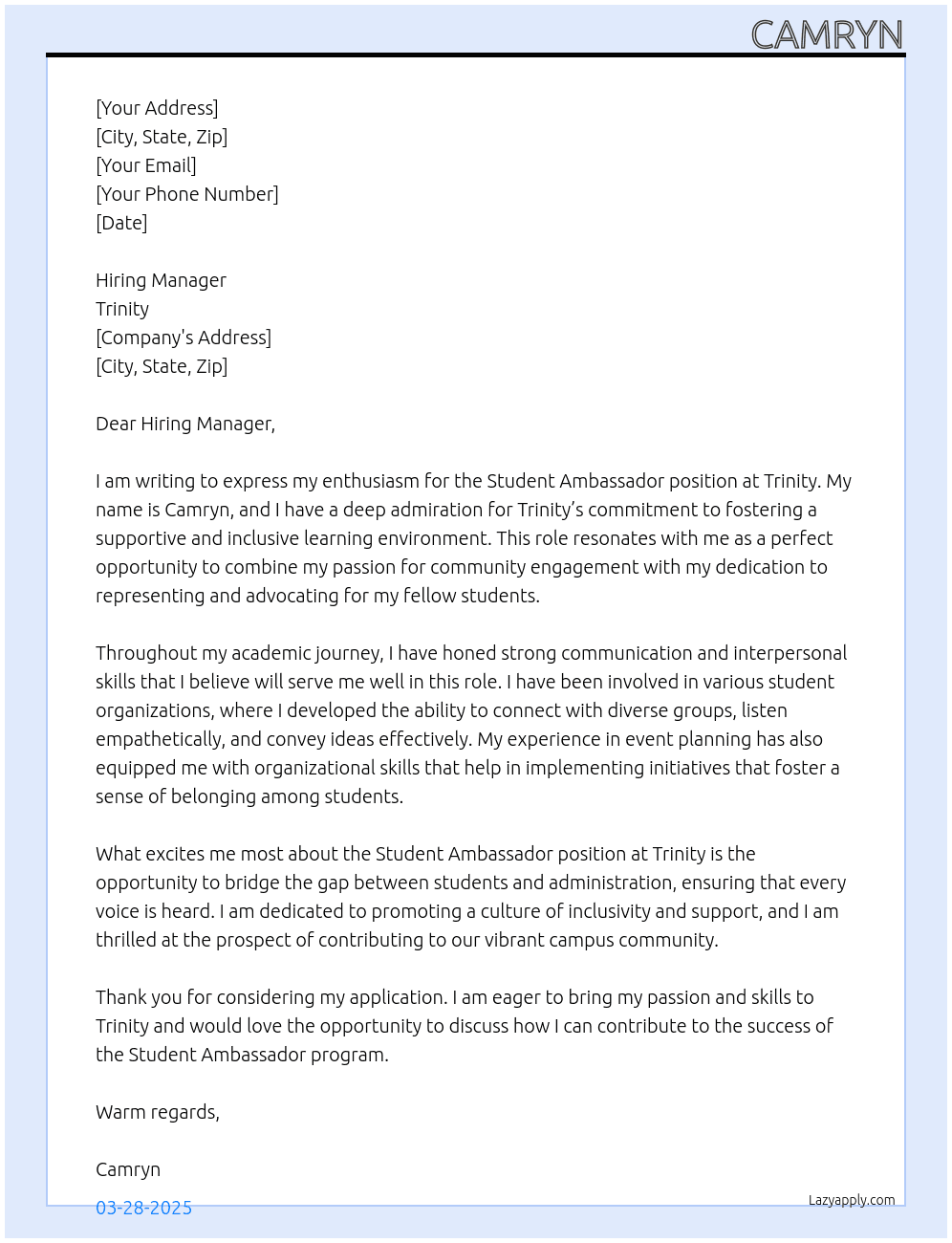 Student Ambassador At Trinity  Cover Letter