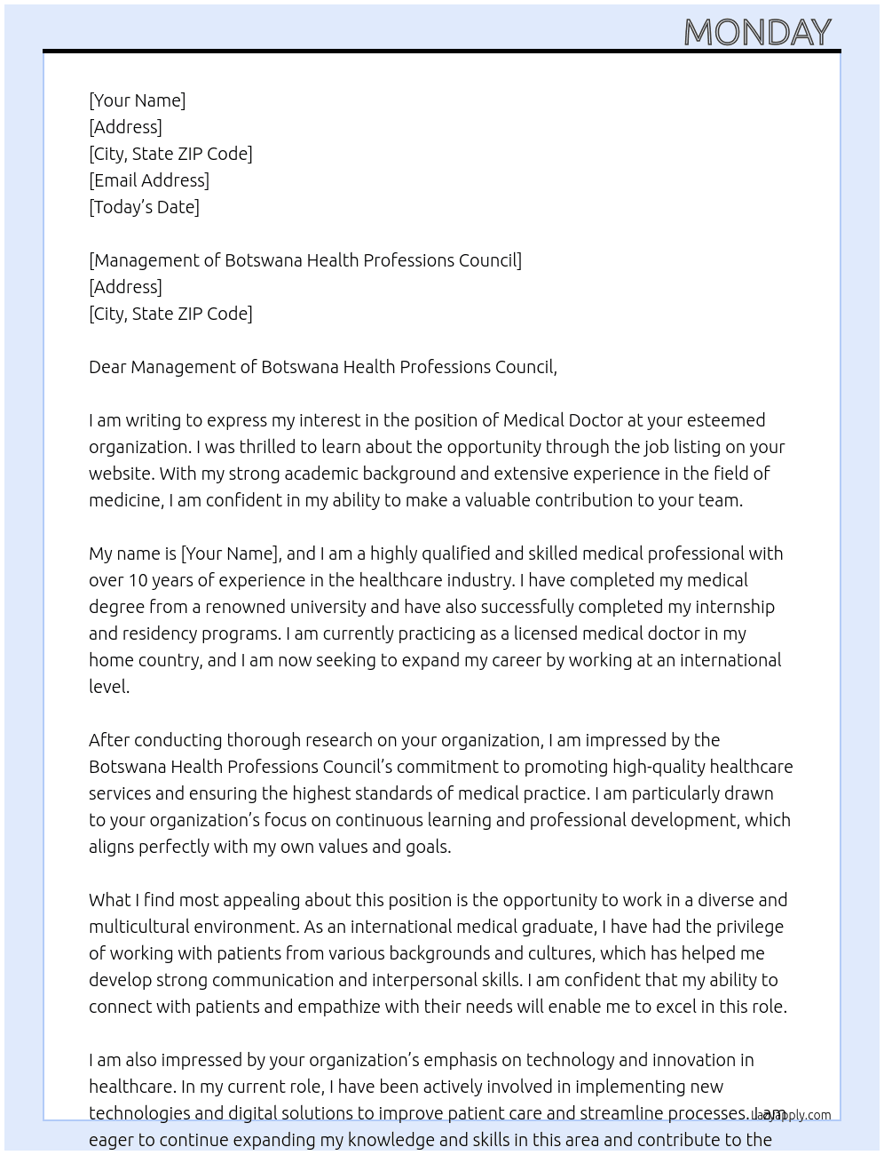 Medical doctor  At For registration as International medical graduate in Botswana Health professions Council  Cover Letter