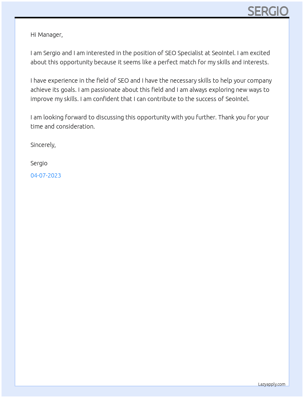 SEO Specialist At SeoIntel Cover Letter