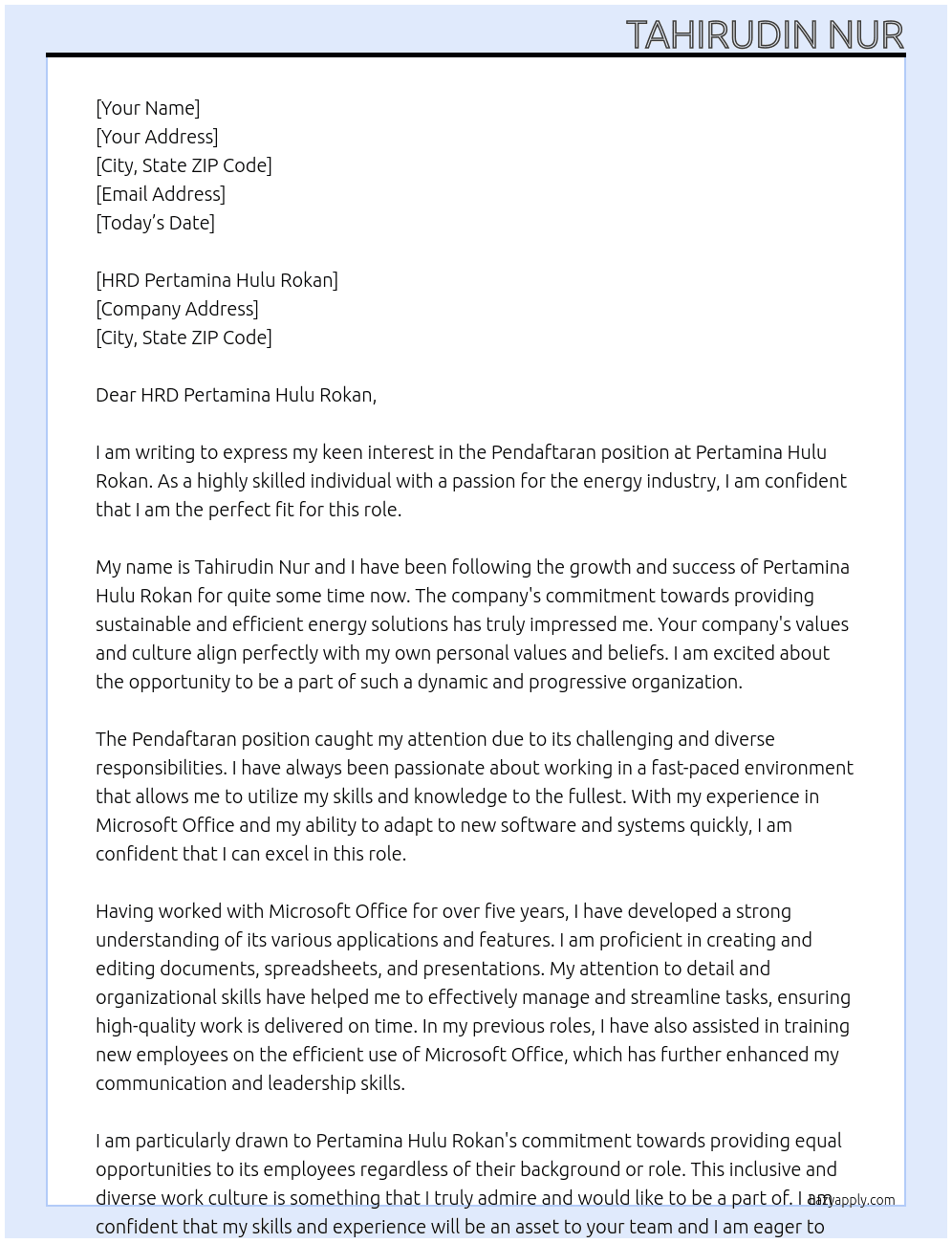 Pendaftaran At Pertamina Hulu Roka  Cover Letter