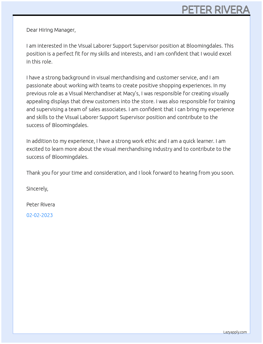 Visual Laborer Support Supervisor At Bloomingdales Cover Letter