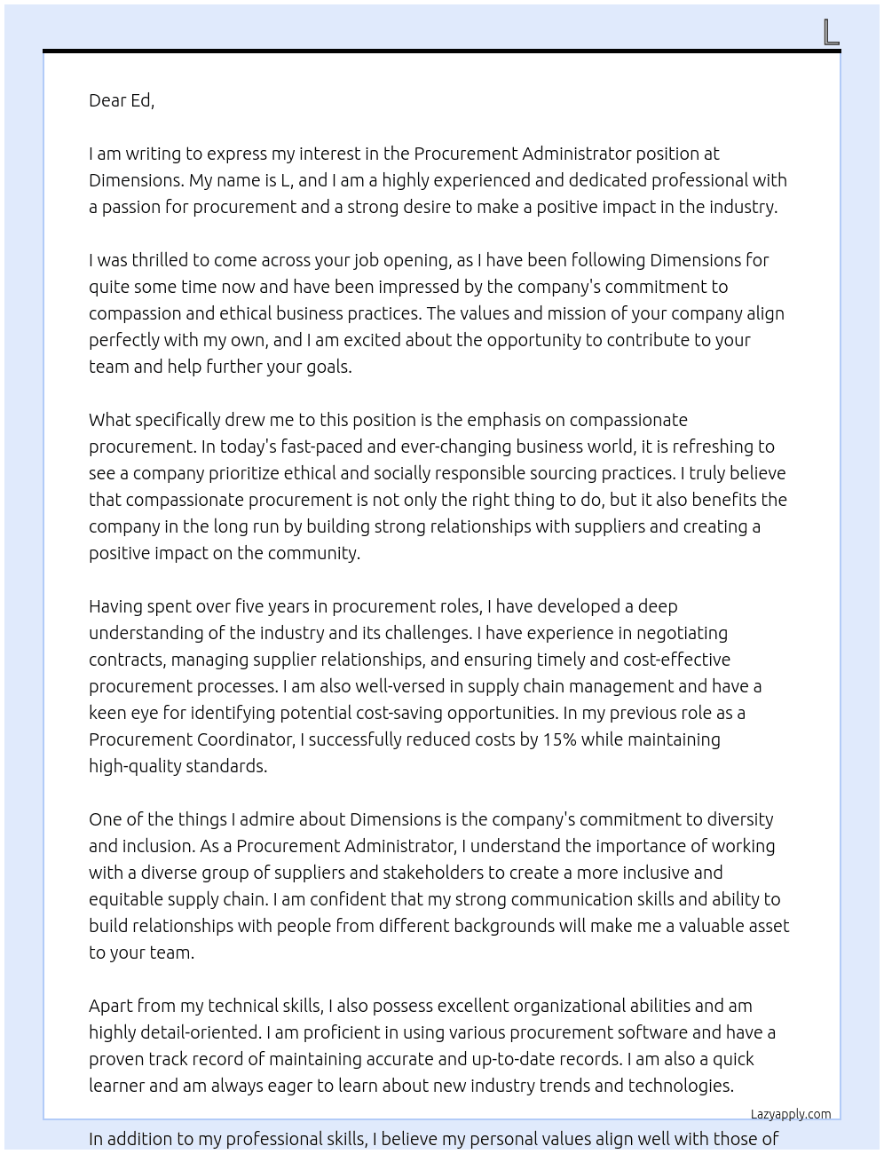 Procurement Administrator At Dimensions Cover Letter