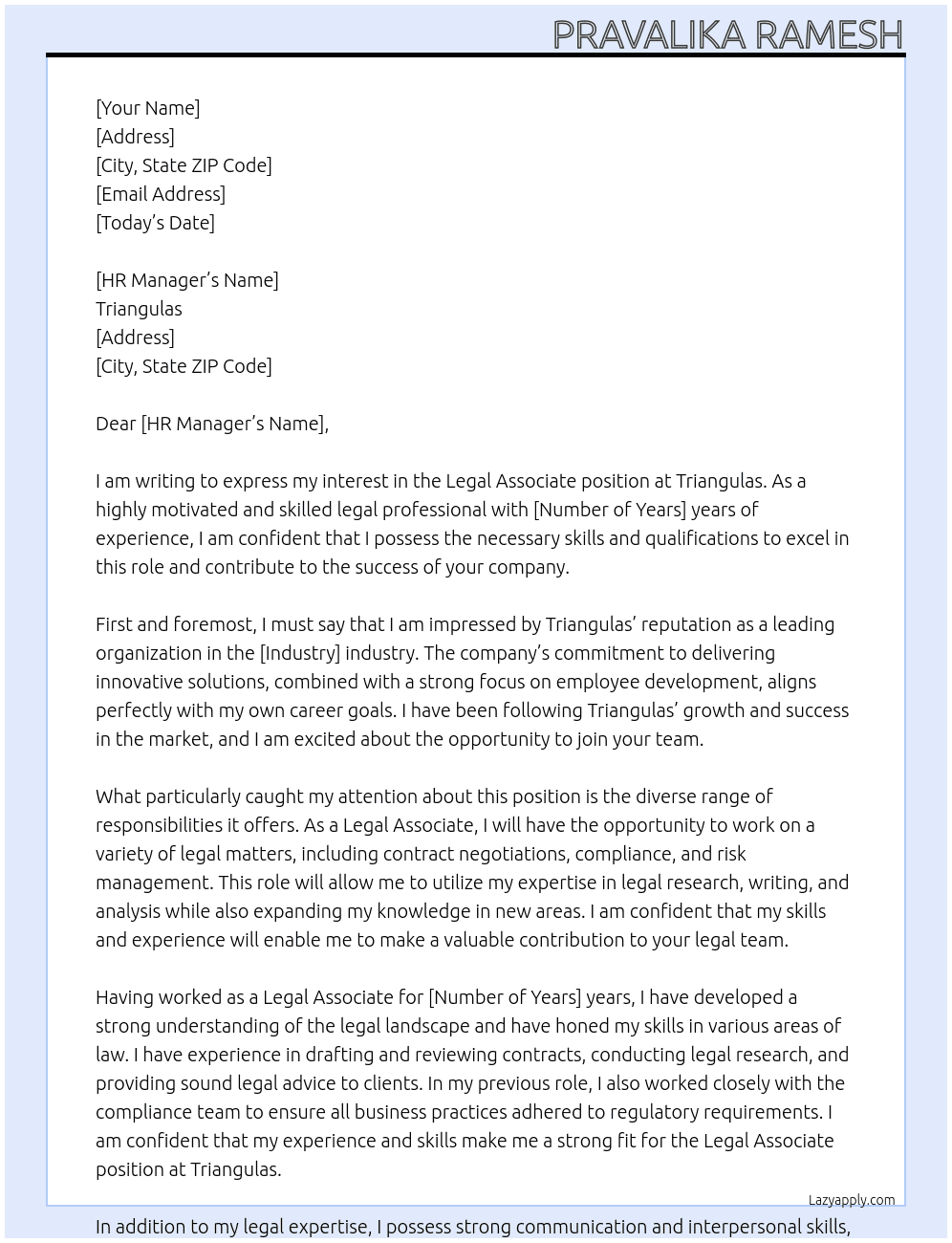 Legal associate  At Triangulas Cover Letter