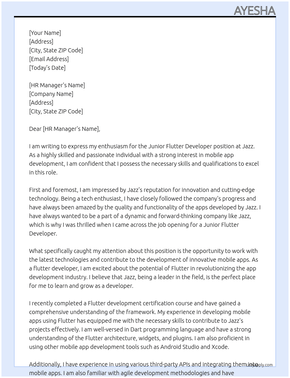junior flutter developer At Jazz Cover Letter