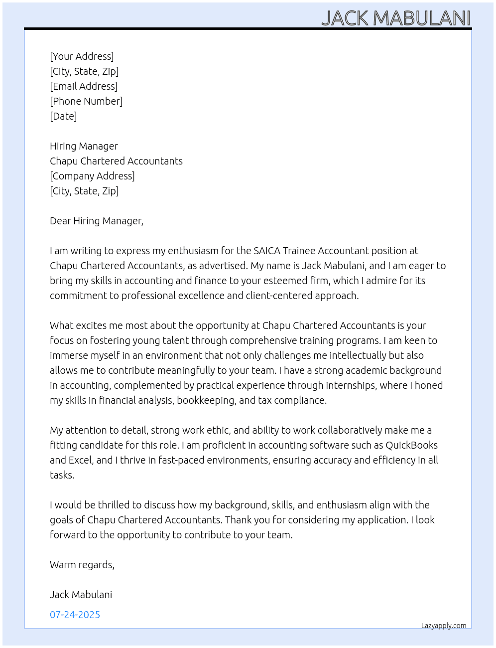 saica trainee accountant At chapu chartedred accountatnts Cover Letter