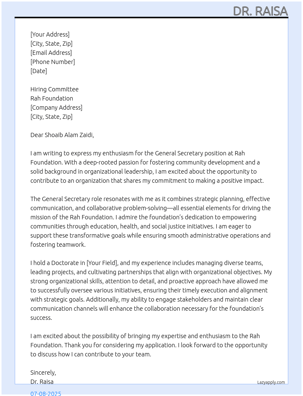 General Secritary At Rah doundation Cover Letter