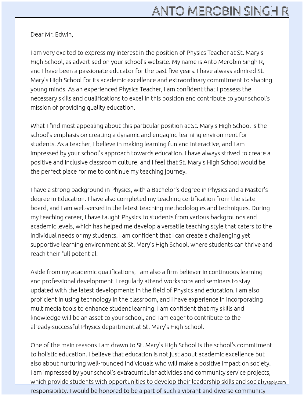 Physics Teacher  At St.Mary's high school Cover Letter