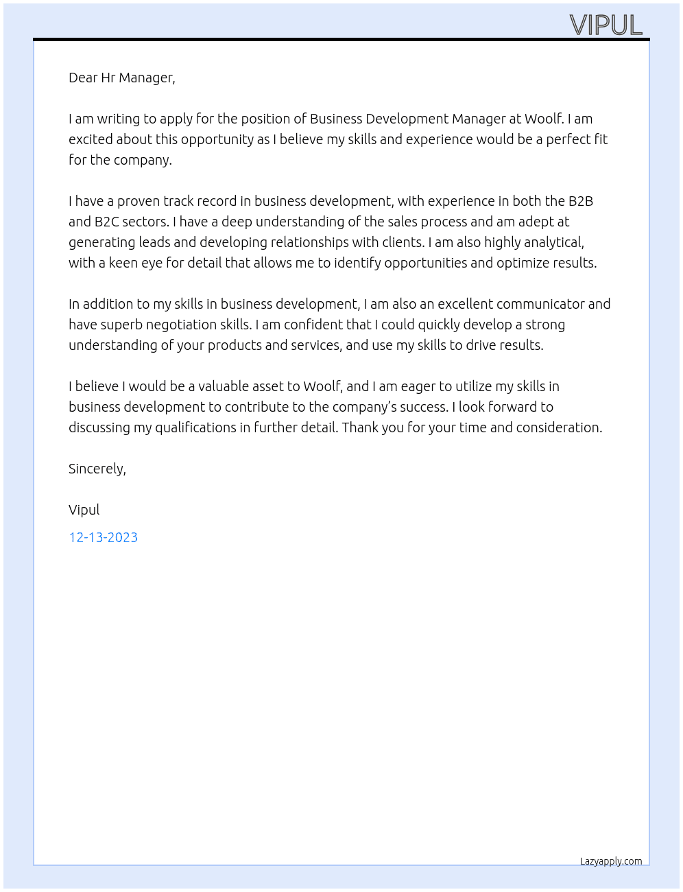 Business Development Manager  At Woolf Cover Letter