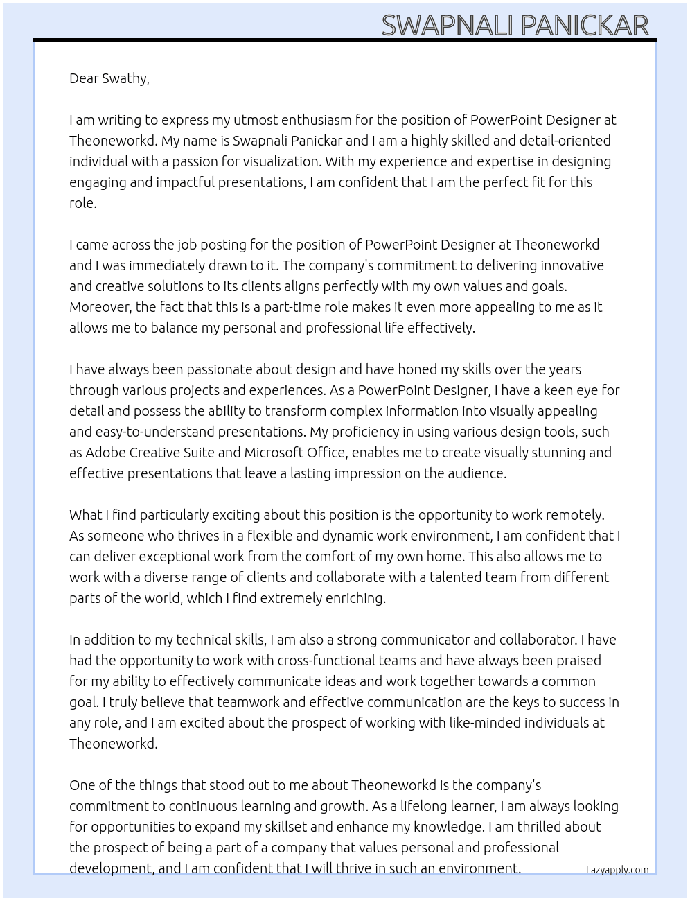PowerPoint Designer  At Theoneworkd Cover Letter