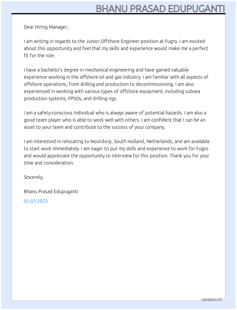 Junior Offshore Engineer At Fugro Cover Letter