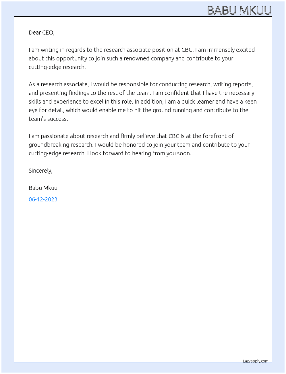 research associate At CBC  Cover Letter