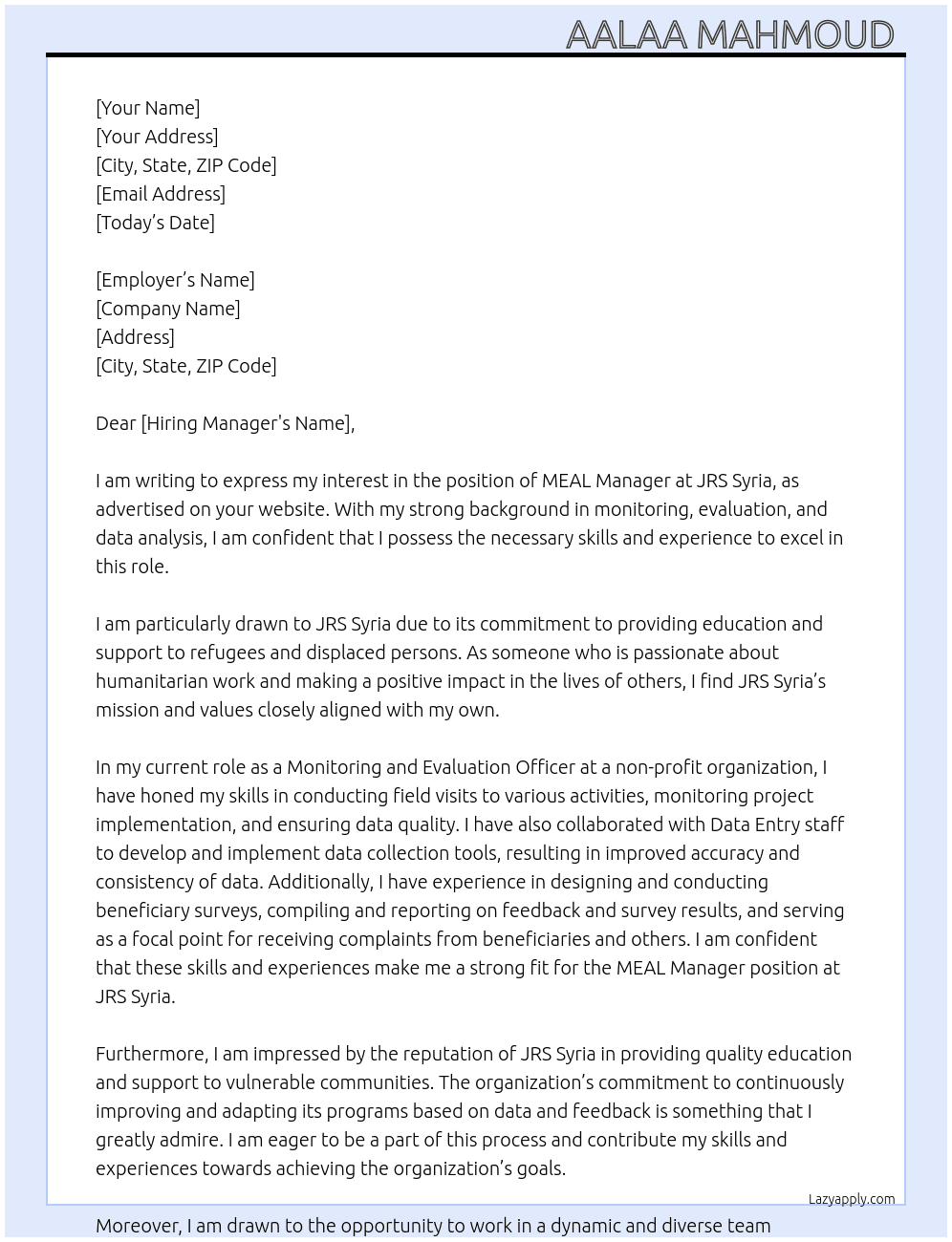 meal manager  At JRS Syria  Cover Letter