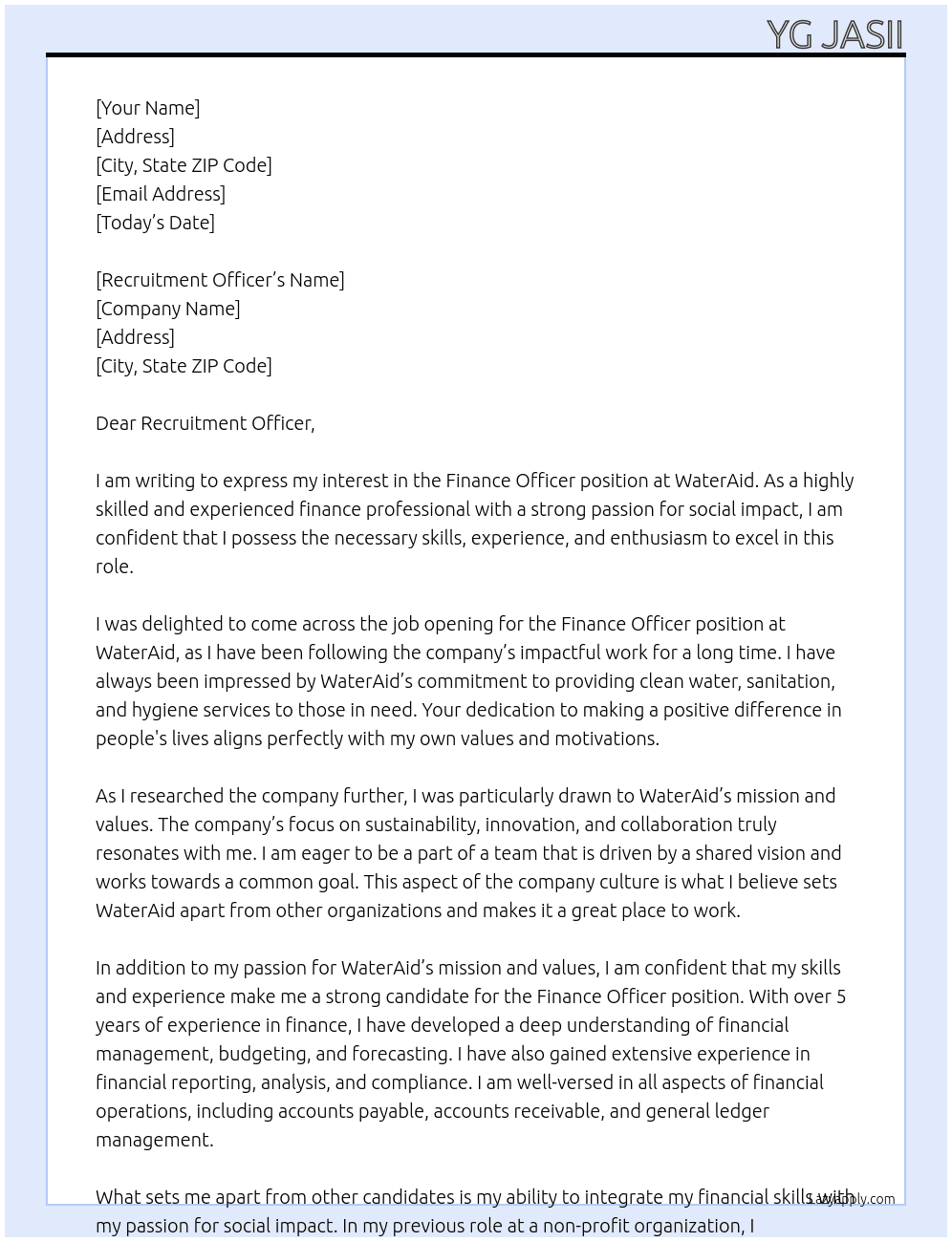 Finance Officer At WaterAid Cover Letter