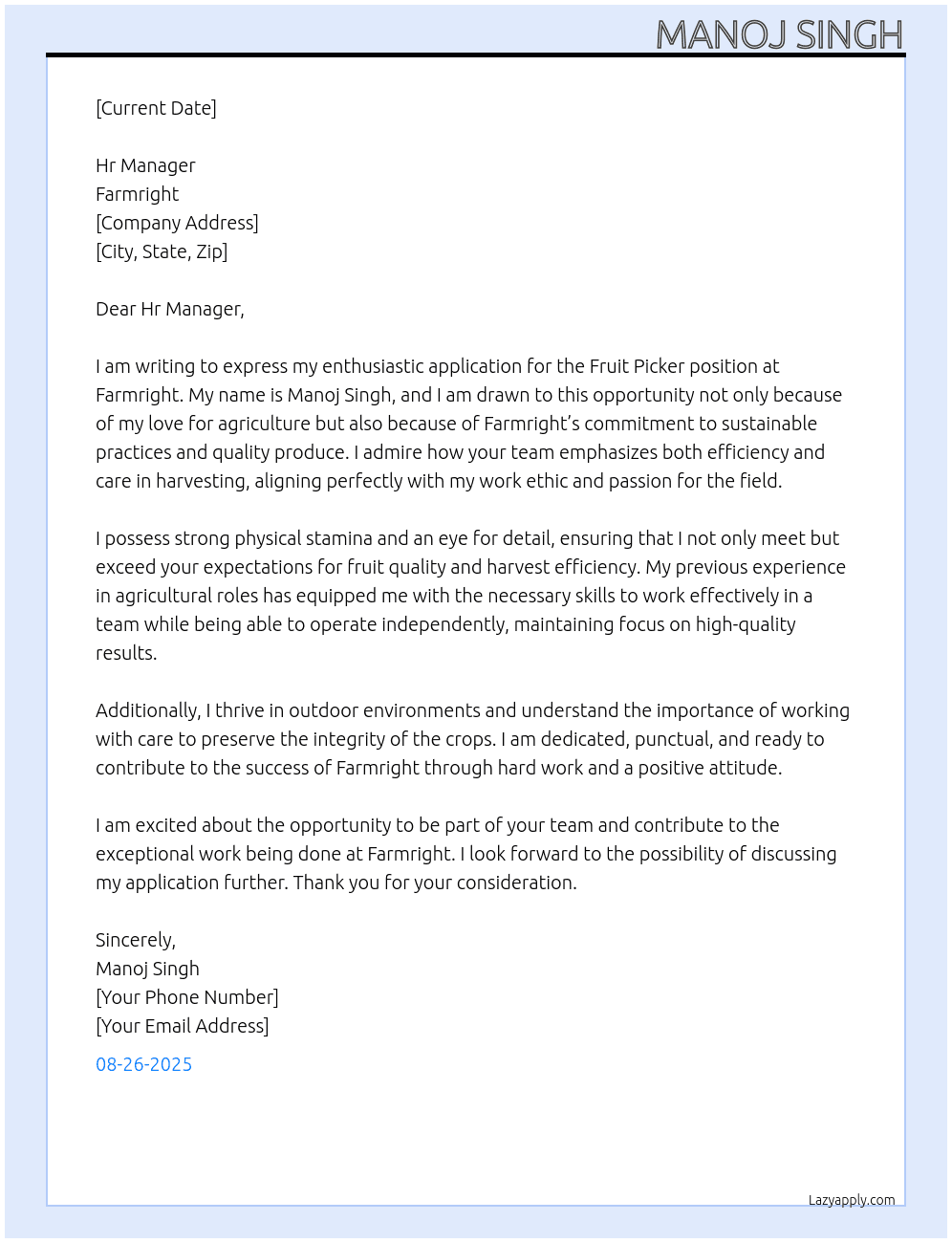 Fruit picker At Farmright Cover Letter