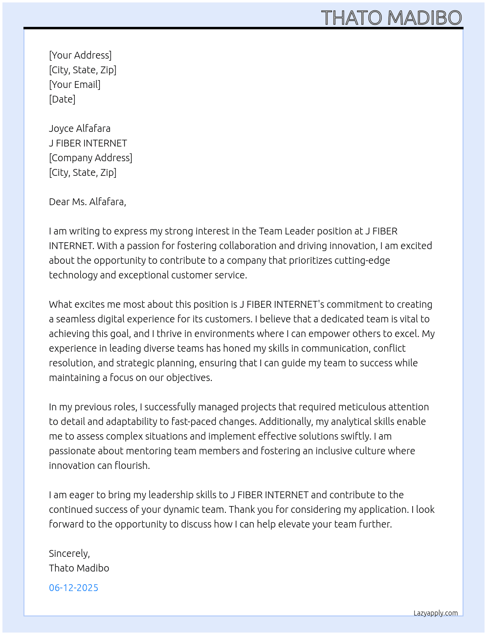 Team leader At J FIBER INTERNET Cover Letter