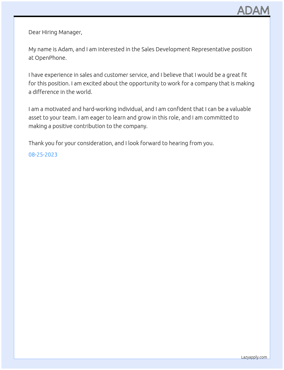 Sales Development Representative At OpenPhone Cover Letter