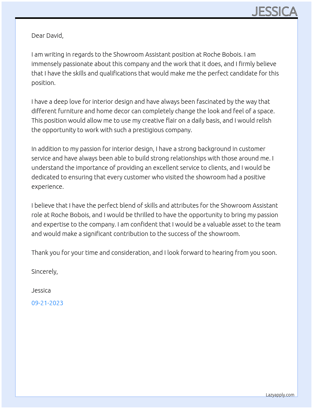 Showroom assistant At Roche Bobois Cover Letter