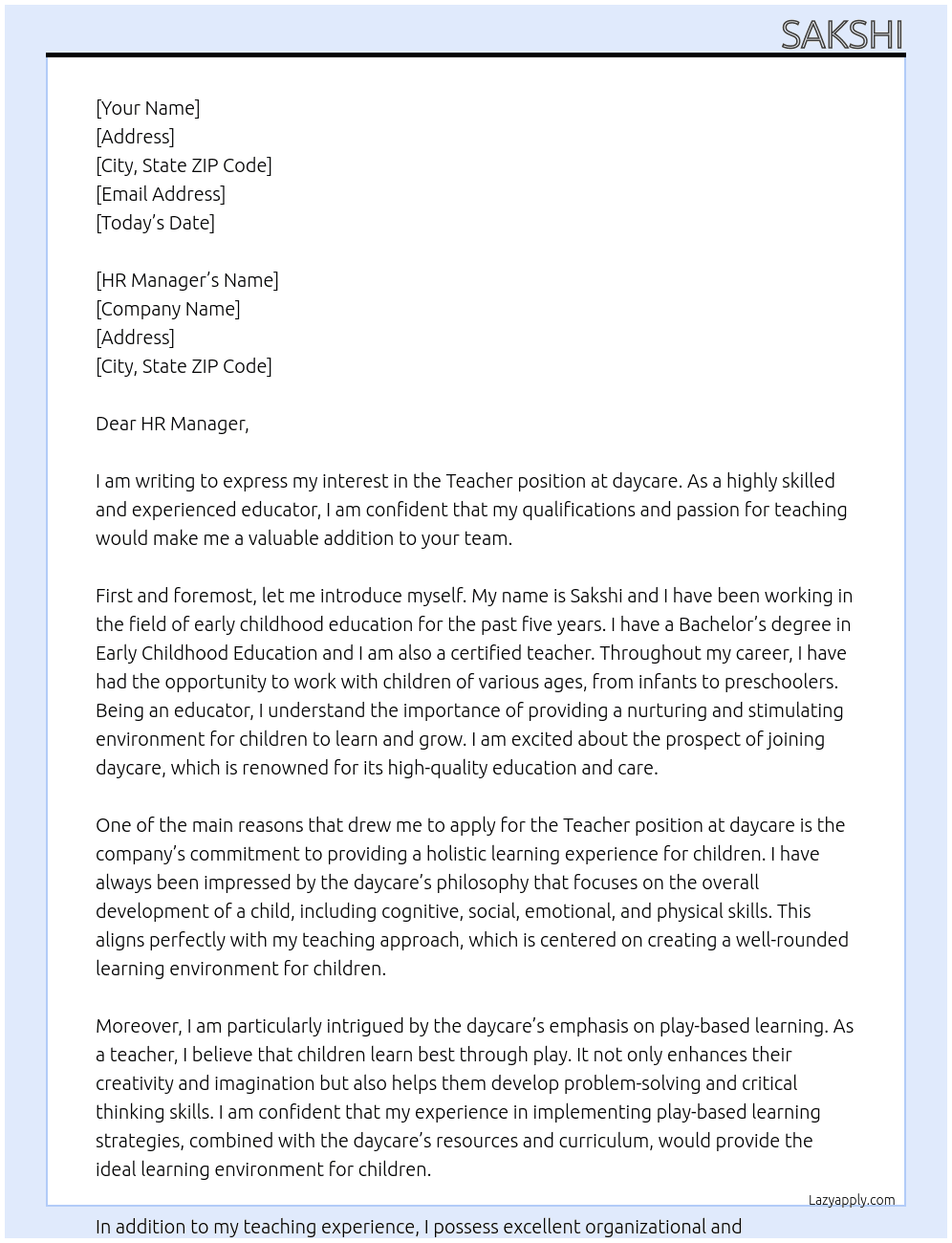 Teacher ,daycare At daycare Cover Letter