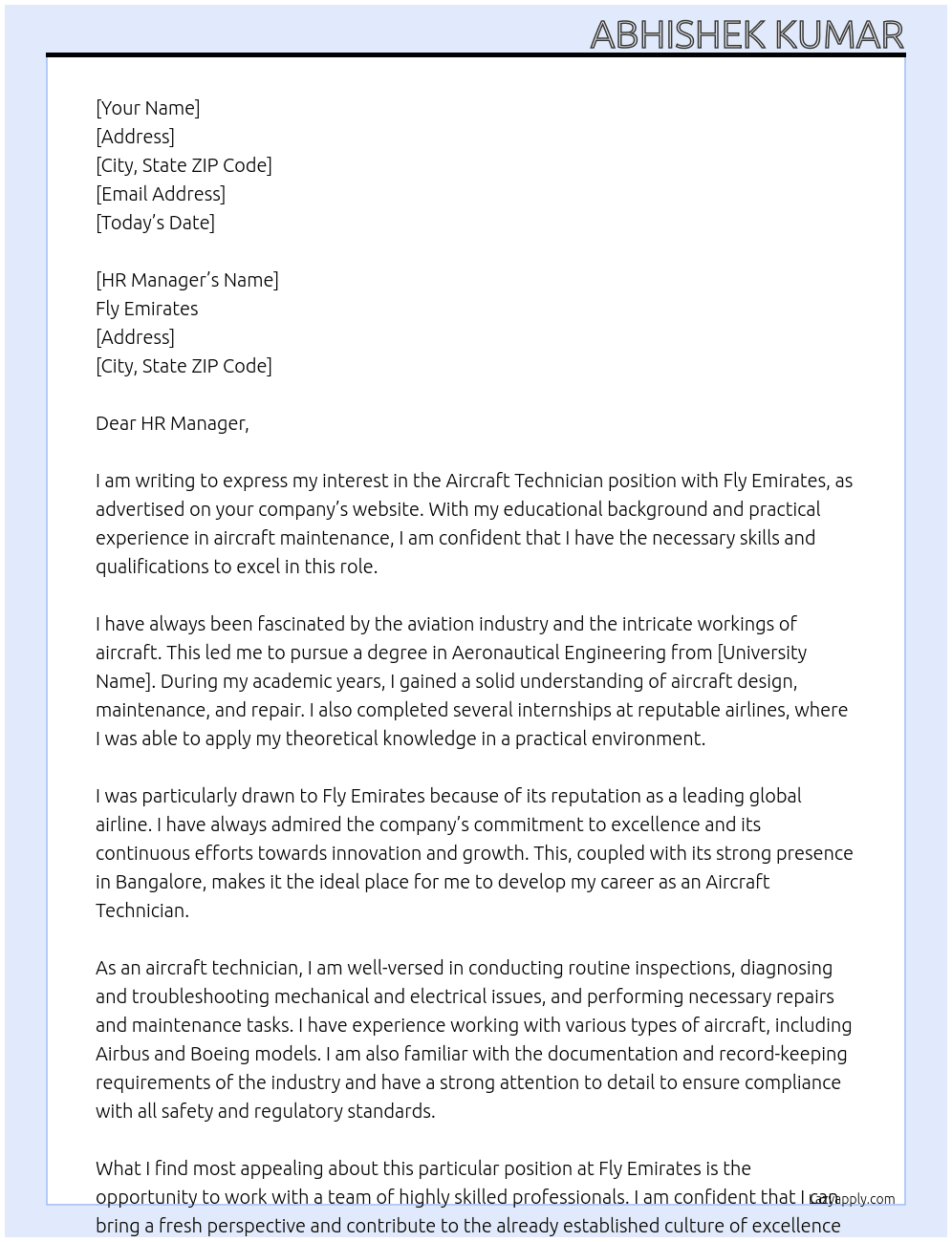 Aircraft Technician At Fly Emirates Cover Letter