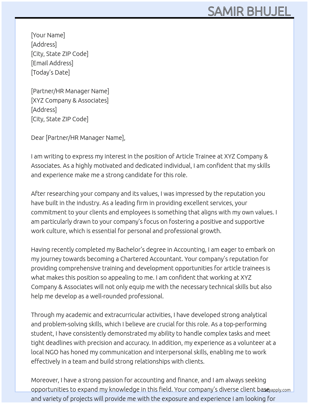 Article Trainee At Xyz Company & Associates Cover Letter