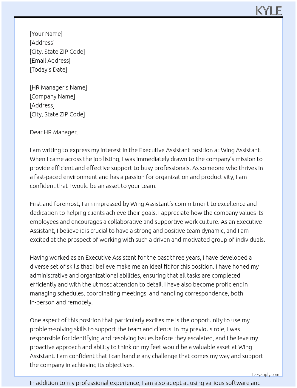 Executive Assistant At Wing Assistant Cover Letter