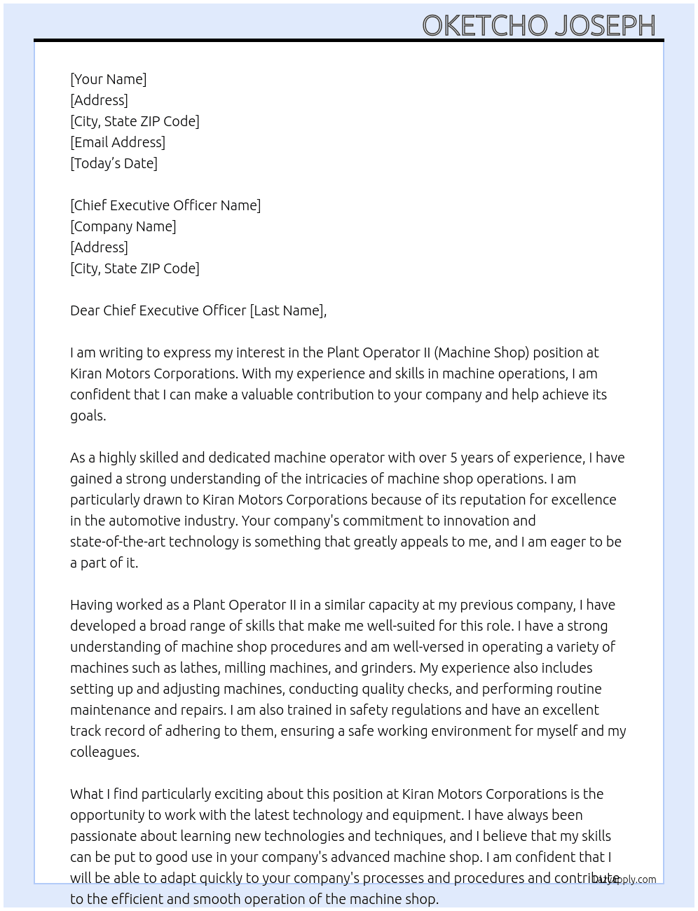 Plant operator II (machine shop) At Kiran motors corporations  Cover Letter