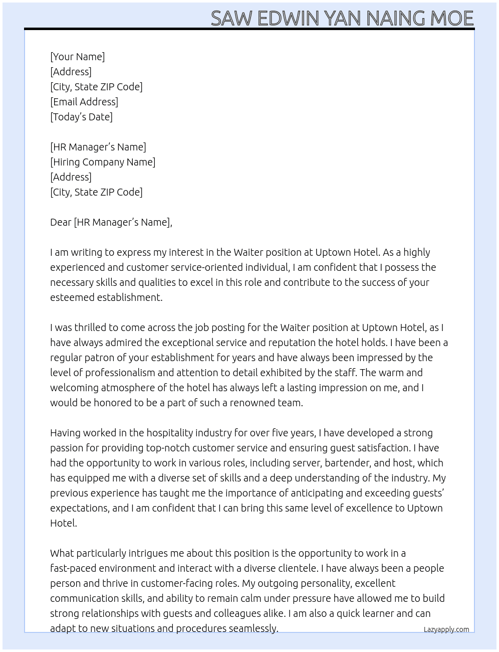 Waiter At Uptown hotel Cover Letter