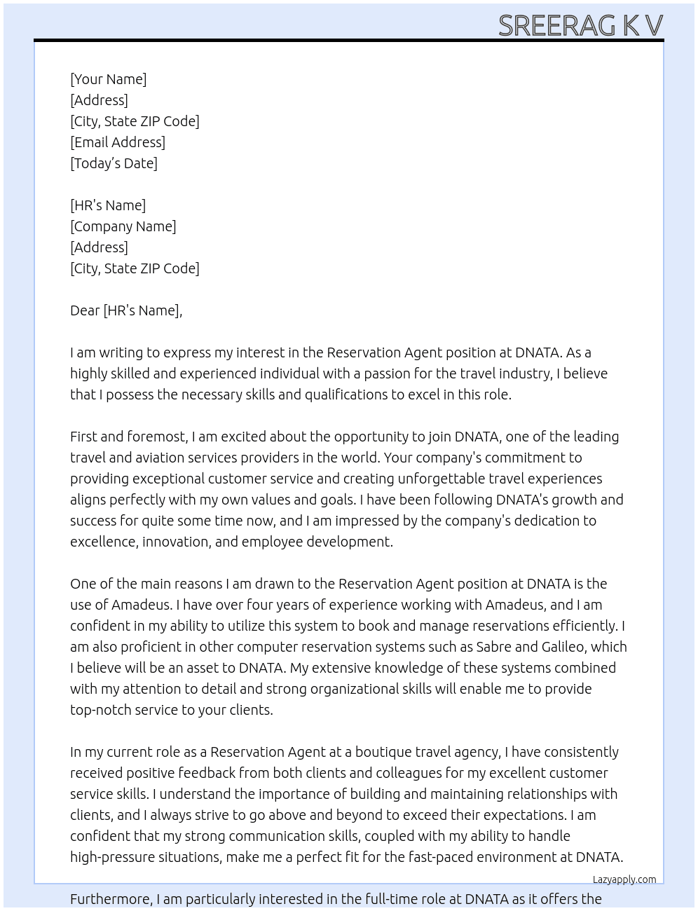 reservation agent At DNATA Cover Letter