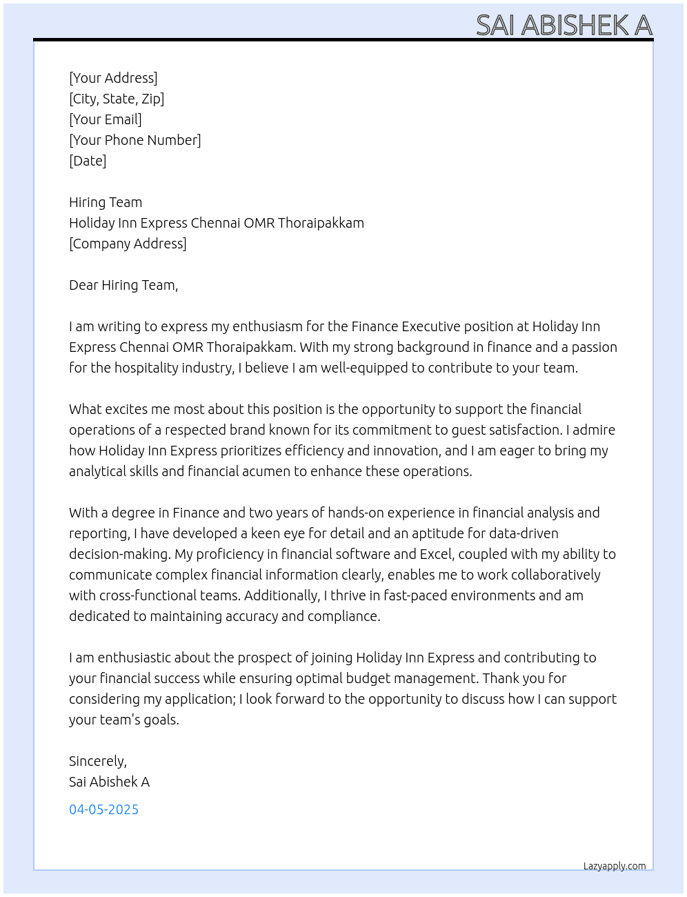 Finance Executive At Holiday Inn Express Chennai OMR Thoraipakkam Cover Letter