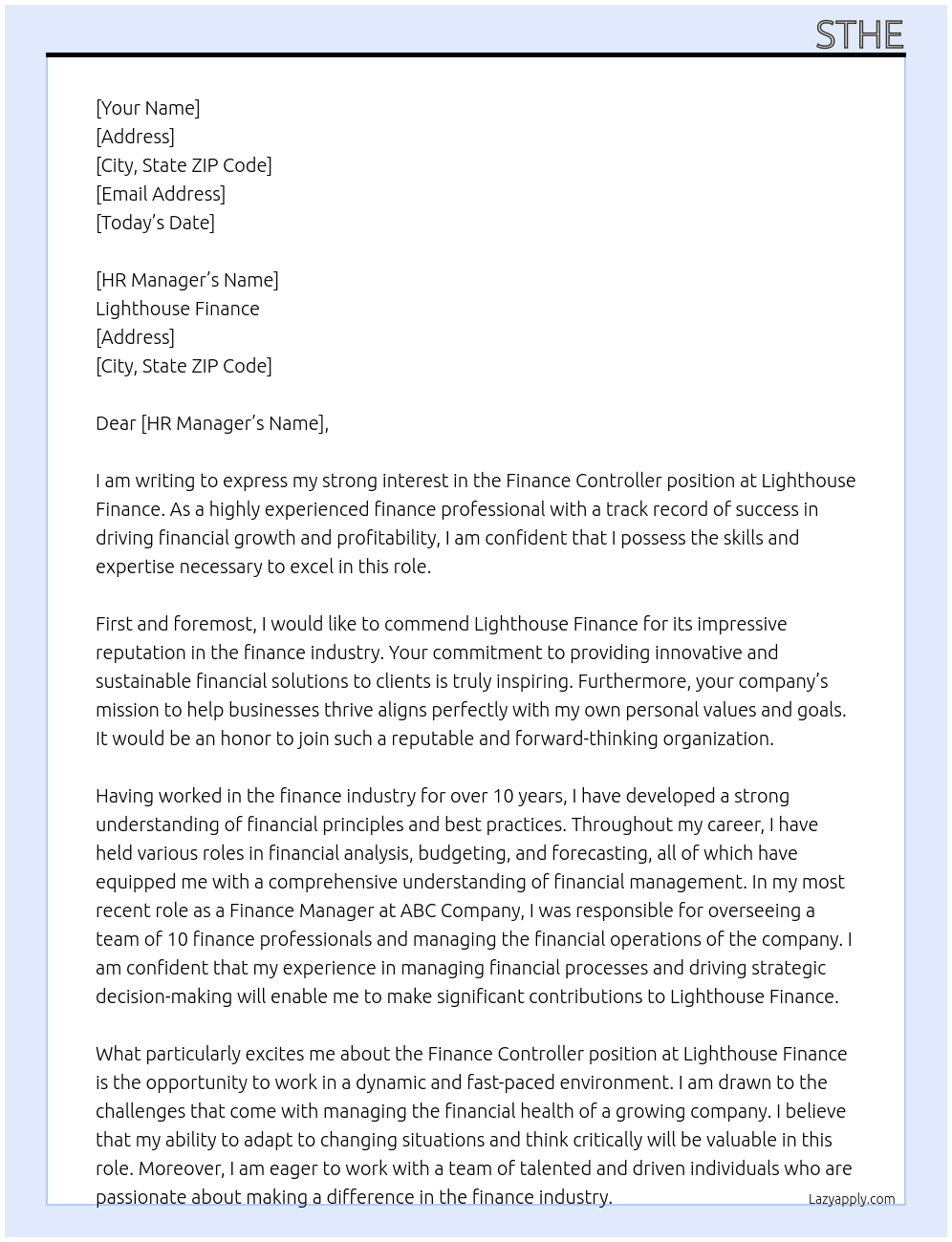 Finance Controller At Lighthouse Finance  Cover Letter