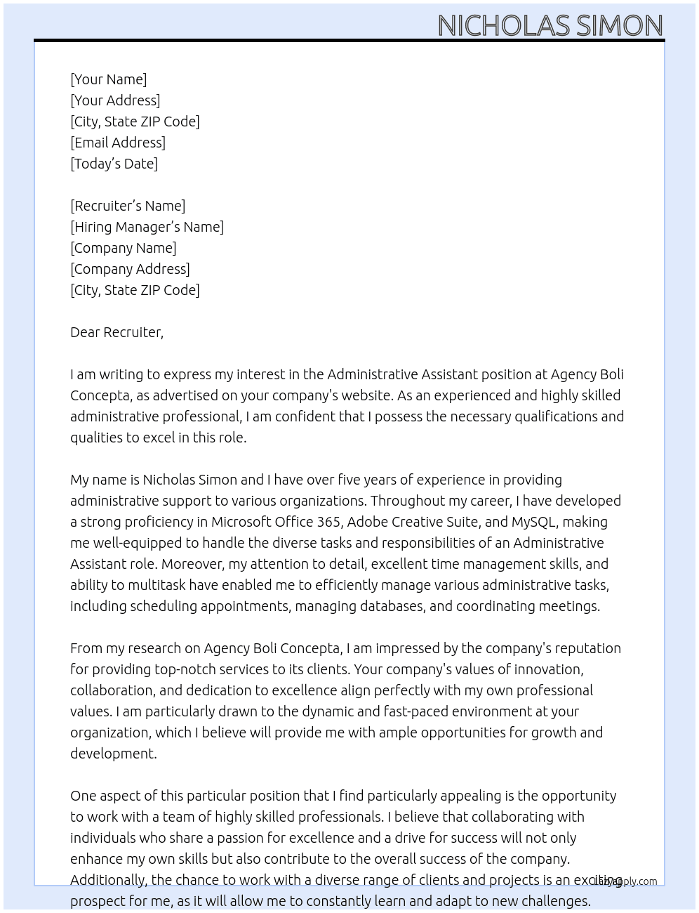 Administrative Assistant At Agency Boli Concepta Cover Letter