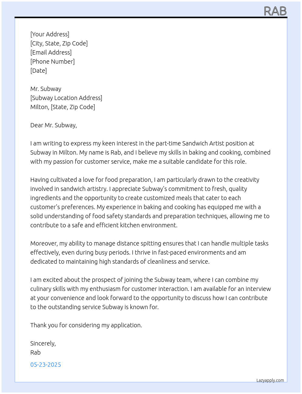 Sandwich Artist At subway Cover Letter