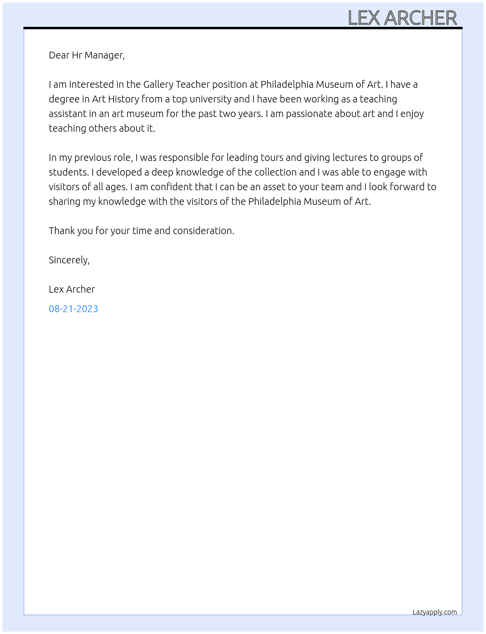 Gallery teacher At Philadelphia museum of art  Cover Letter